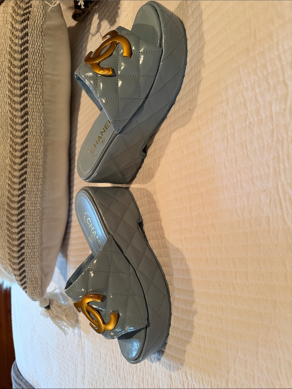CHANEL Powder Blue Quilted Leather Slide Mules with Gold CC - Picture 6 of 10